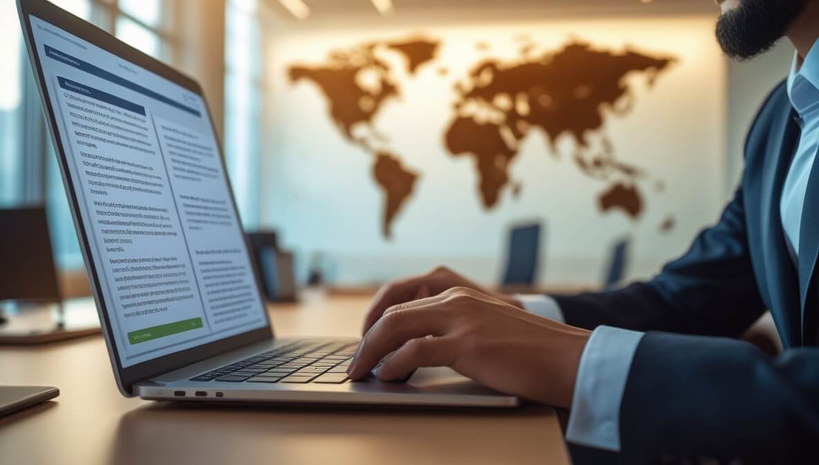 A detailed close-up photograph of a professional translator's desk in a modern office, capturing the bridge between languages. A laptop screen displays a side-by-side translation interface with English on the left and Arabic on the right. The background is a softly blurred, warm-lit office environment with a subtle, stylized world map on the wall, suggesting global connectivity between hubs like local and global. The overall feeling is one of precision and cultural elegance.