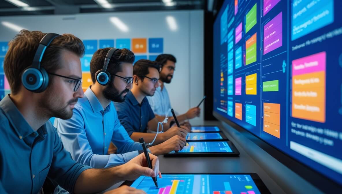 A photograph of a collaborative team of data specialists working in a high-tech, modern workspace. The focus is on a diverse group of professionals wearing headphones and using styluses on large tablets to annotate complex text and sentiment data displayed on a wall-mounted monitor. The screen shows colorful data visualizations and linguistic tags for different languages. The atmosphere is focused and forward-thinking, highlighting the human expertise behind artificial intelligence.